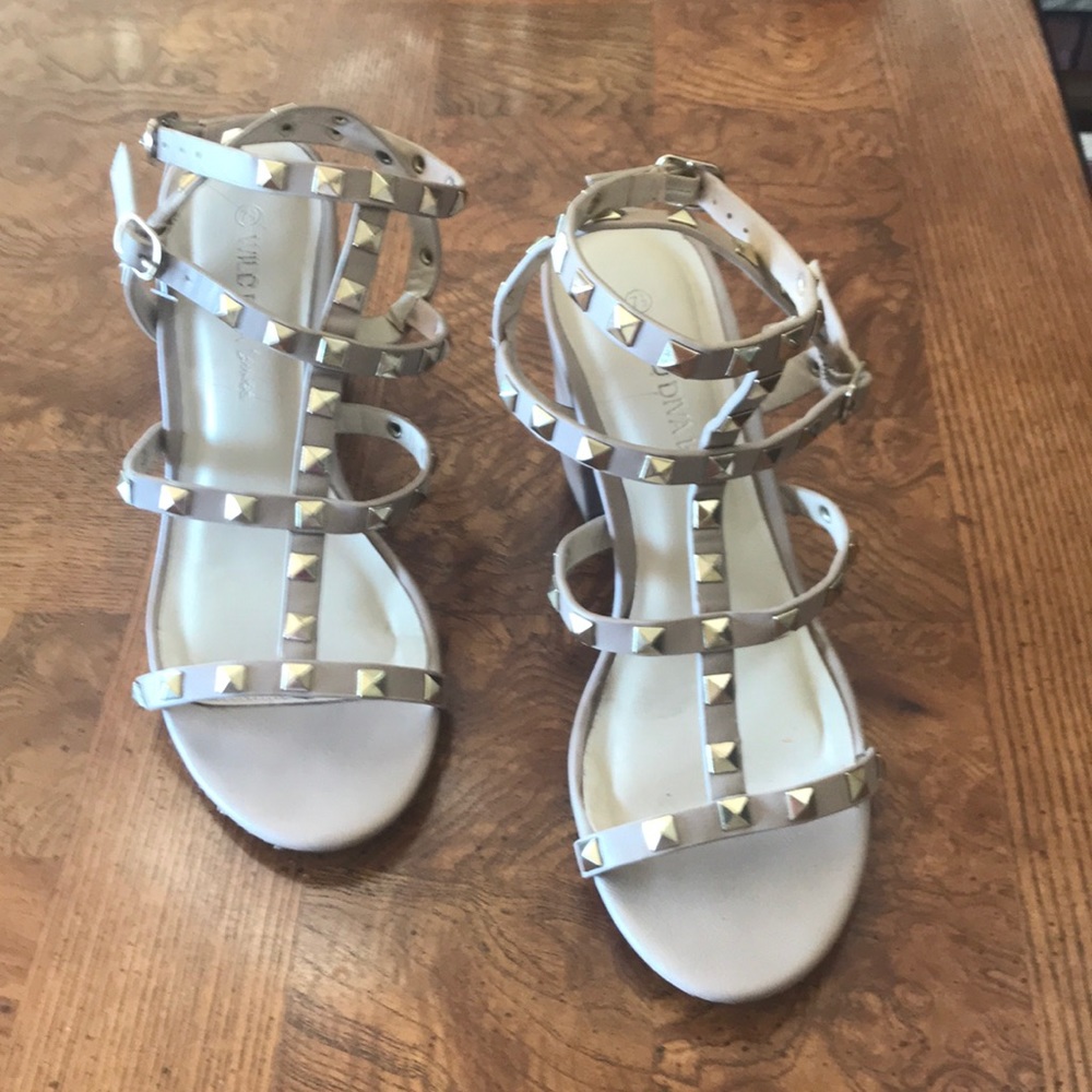 Cream double ankle strap studded sandals